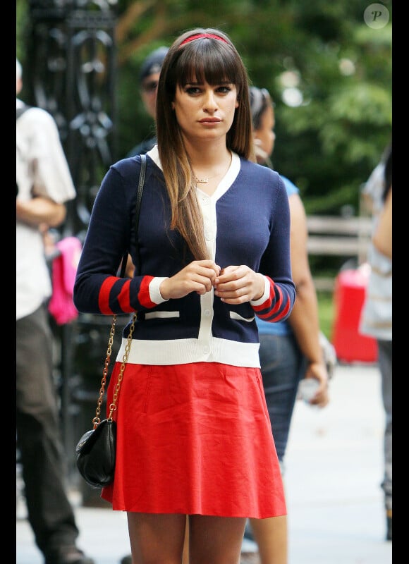 Lea Michele sur le tournage de la série Glee à New York le 12 août 2012