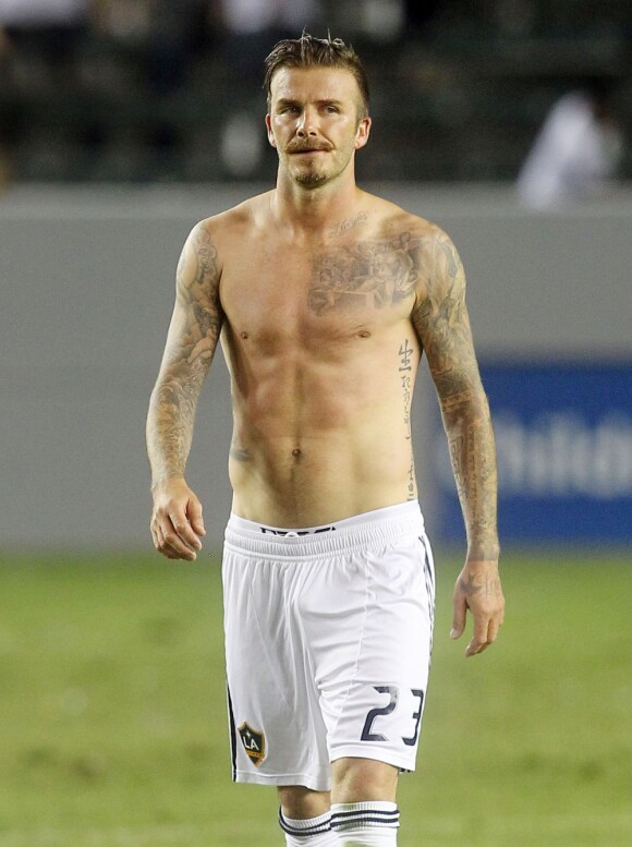 David Beckham torse nu au Home Depot Center, antre de son équipe des Los Angeles Galaxy. Carson, le 23 juin 2012.