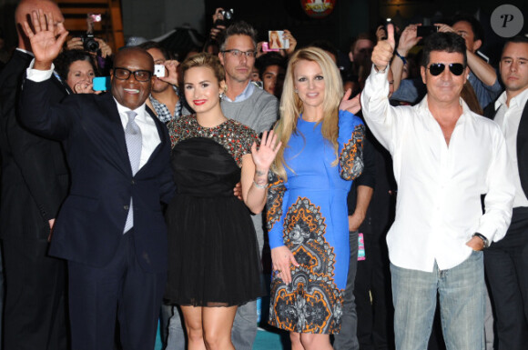 L.A. Reid, Demi Lovato, Britney Spears et Simon Cowell lors du lancement de la deuxième saison de X Factor à Hollywood, le 11 septembre 2012