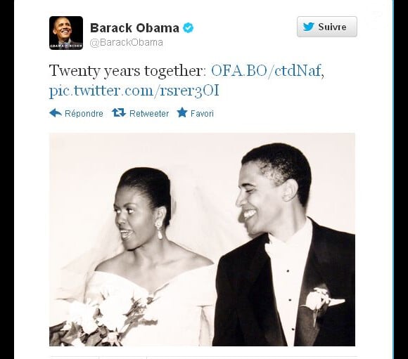 Le 3 octobre 2012, Barack Obama souhaite un joyeux anniversaire de mariage à sa douce Michelle en publiant une photo de leur mariage (3 octobre 1992)