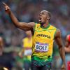 Usain Bolt après avoir décroché la médaille d'or sur 200m le 9 août 2012 à Londres lors des Jeux olympiques