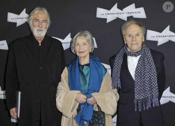 Jean-Louis Trintignant, Emmanuelle Riva et Michael Haneke lors de la projection du film Amour à la Cinémathèque française à Paris le 15 octobre 2012