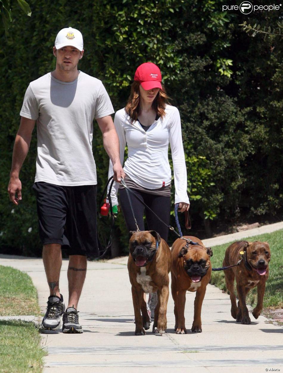 Justin Timberlake et Jessica Biel promènent leurs chiens à Los Angeles. Août 2009.