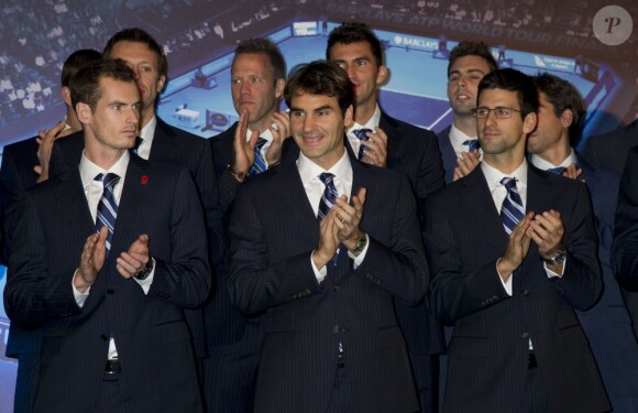 Andy Murray, Roger Federer, Novak Djokovic lors du Gala de présentation du Masters de Londres le 3 novembre 2012 au Royal Court of Justice de Londres