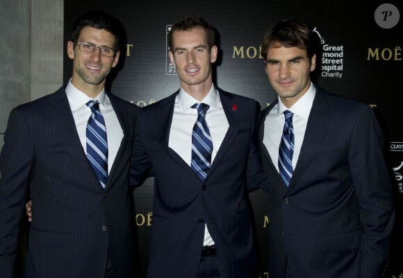 Novak Djokovic, Andy Murray et Roger Federer lors du Gala de présentation du Masters de Londres le 3 novembre 2012 au Royal Court of Justice de Londres