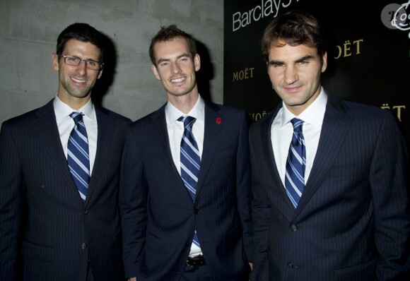 Andy Murray, Roger Federer, Novak Djokovic lors du Gala de présentation du Masters de Londres le 3 novembre 2012 au Royal Court of Justice de Londres