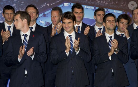 Andy Murray, Roger Federer, Novak Djokovic et les huit meilleurs mondiaux lors du Gala de présentation du Masters de Londres le 3 novembre 2012 au Royal Court of Justice de Londres