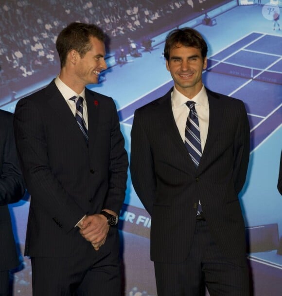 Andy Murray et Roger Federer lors du Gala de présentation du Masters de Londres le 3 novembre 2012 au Royal Court of Justice de Londres