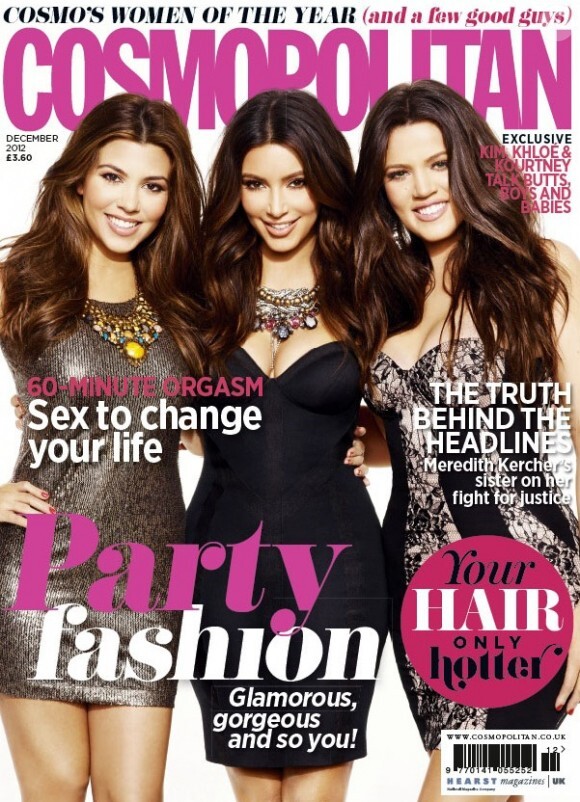 Kourtney, Kim et Khloé Kardashian figurent en couverture du magazine Cosmopolitan UK de décembre 2012.