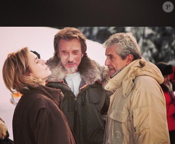 Johnny Hallyday, Claude Lelouch et Sandrine Bonnaire sur le tournage de Salaud, on t'aime - janvier 2013