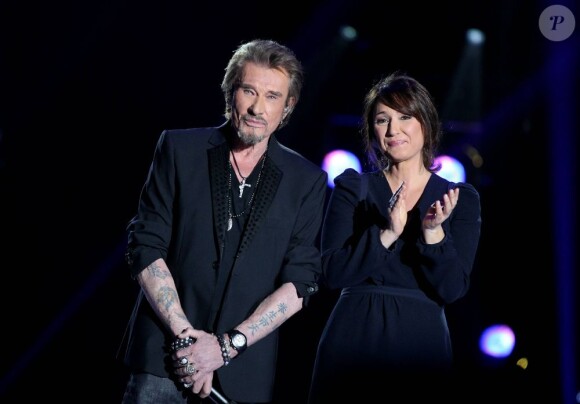 Johnny Hallyday et Daniela Lumbroso à Paris le 11 janvier 2013 pour la Fête de la Chanson Francaise