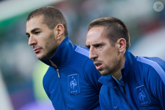 Franck Ribéry et Karim Benzema, ici lors du match France - Biélorussie le 11 septembre 2012, attendent le verdict du procès autour de l'Affaire Zahia, et seront face au tribunal correctionnel en juin prochain.