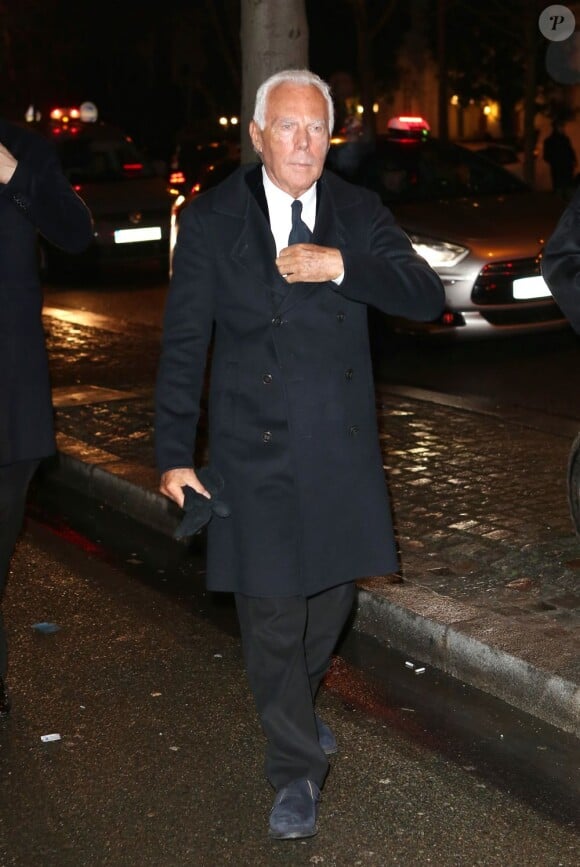 Giorgio Armani arrive au cocktail d'inauguration de son nouvel espace situé avenue Montaigne dans le VIIIe arrondissement. Paris, le 22 janvier 2013.
