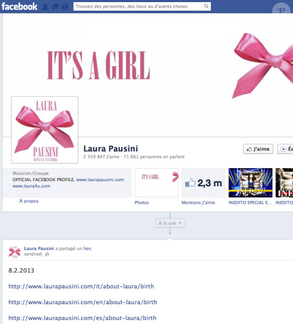 Laura Pausini a relayé le 8 février 2013 sur son profil Facebook la nouvelle de la naissance de Paola, son premier enfant, fruit de son amour avec Paolo Carta.