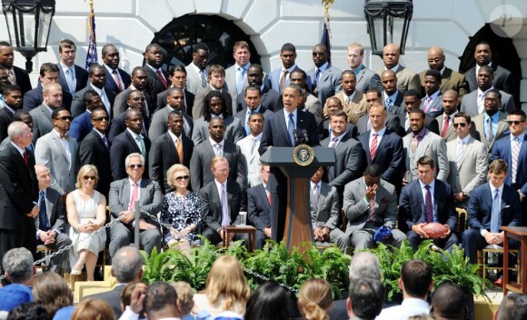 Barack Obama recevant à la Maison Blanche les Giants de New York le 8 juin 2012 après leur victoire au Super Bowl.