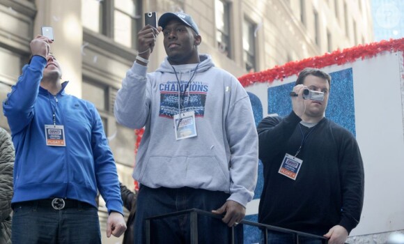David Diehl, à gauche, au côté d'Ahmad Bradshaw, lors de la parade triomphale des New York Giants le 7 février 2012 après leur victoire au Super Bowl.