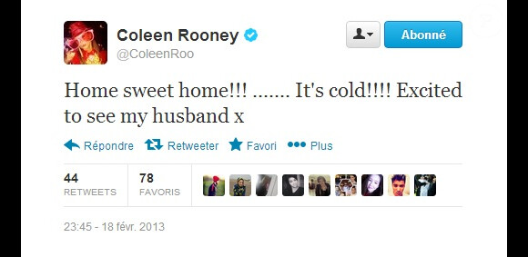 Coleen Rooney, enchantée de rentrer chez elle pour retrouver son mari Wayne après son séjour à la Barbade, le 18 février 2013