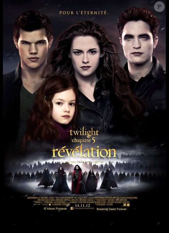Afffiche officielle de Twilight – Chapitre 5 : Révélation, 2e partie, avec notamment Kristen Stewart.