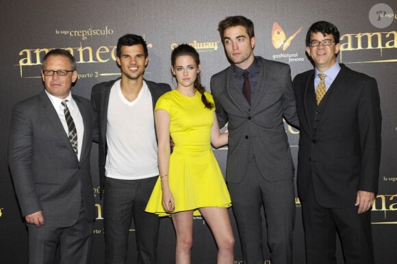 Taylor Lautner, Kristen Stewart, Robert Pattinson à l'avant-première du film Twilight, Chapitre 5 : Révélation 2e partie, à Madrid, le 15 novembre 2012.