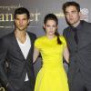 Taylor Lautner, Kristen Stewart et Robert Pattinson à l'avant-première du film Twilight, Chapitre 5 : Révélation 2e partie, à Madrid, le 15 novembre 2012.