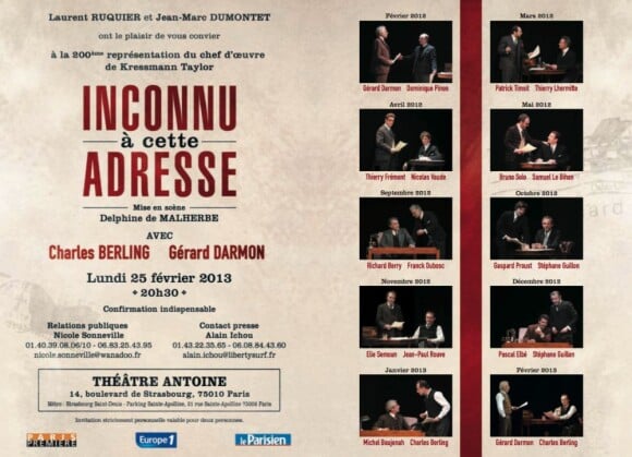 200e représentation d'"Inconnu à cette adresse" au Théâtre Antoine à Paris, le 25 février 2013.