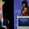 Michelle Obama et le secrétaire d'Etat John Kerry lors de la remise du prix Femme de courage à Washington le 8 mars 2013.