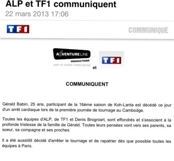 Communiqué de presse de TF1 confirmant le décès d'un candidat de Koh Lanta 2013