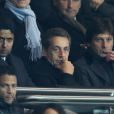 Nicolas Sarkozy entre Leonardo et Nasser Al-Khelaïfi - Quart de finale aller de la Ligue des champions de football entre le Paris Saint-Germain et le FC Barcelone au Parc des Princes à Paris le 2 avril 2013.