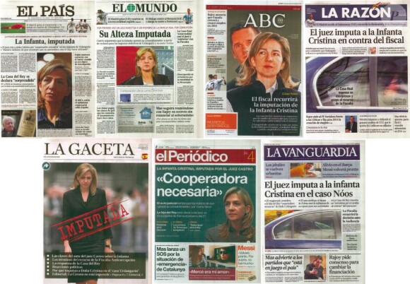 Jeudi 4 avril 2013, les journaux espagnols faisaient leurs gros titres de la convocation de l'infante Cristina devant la justice dans le cadre du scandale Noos, annoncée la veille.