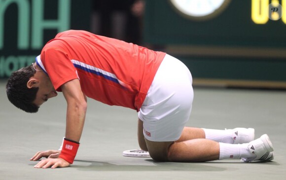 Novak Djokovic après s'être violemment tordu la cheville lors de son match de Coupe Davis face à Sam Querrey à Boise le 7 avril 2013
