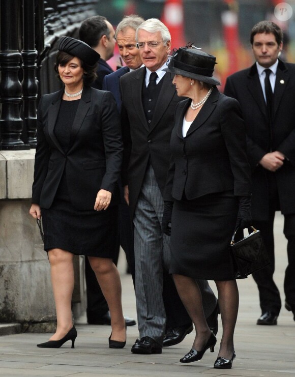 Tony et Cherie Blair, Sir John et Norma Major - Personnalites aux obseques de Margaret Thatcher en la cathedrale St-Paul a Londres. Le 17 avril 2013 April 17, 2013 - Ministers of Parliament arrive as The former Prime Minister Margaret Thatcher coffin is carried up the steps of St Pauls Cathedral for the ceremonial funeral service is held at St Paul's Cathedral in London.17/04/2013 - Londres