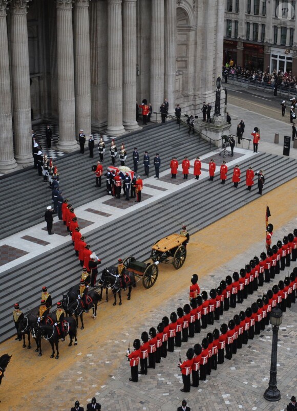The coffin bearing the body of Baroness Thatcher arrives at St Paul's Cathedral, central London for her funeral service on April 17, 2013. Photo by Stefan Rousseau/PA Wire/ABACAPRESS.COM17/04/2013 - London