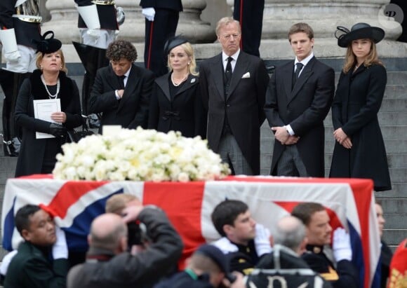 Carole Thatcher, Marco Grass, Sarah Thatcher, Mark Thatcher, Michael Thatcher and Amanda Thatcher attending the Funeral of Margaret Thatcher at St Paul's Cathedral in London, UK on April 17, 2013. Photo by Doug Peters/PA Photos/ABACAPRESS.COM17/04/2013 - London