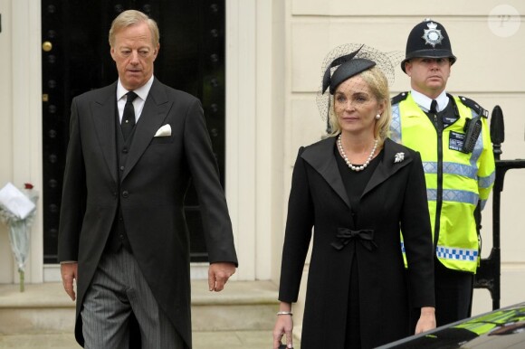 Mark Thatcher with his wife Sarah leave the home of Baroness Thatcher in Chester Square, Belgravia, on their way to her funeral service at St Paul's Cathedral, central London, UK on April 17, 2013. Photo by Tim Ireland/PA Wire/ABACAPRESS.COM17/04/2013 - London