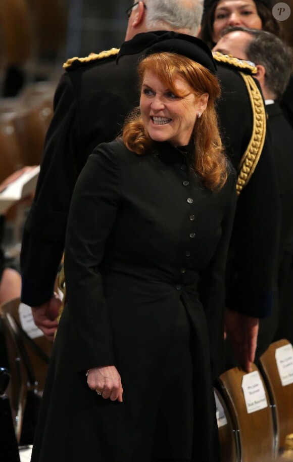 Sarah Ferguson, duchesse d'York, aux funérailles de Margaret Thatcher, célébrées le 17 avril 2013 en la cathédrale St Paul de Londres. Sa première apparition à un événement auquel la reine Elizabeth II assiste depuis 1996 et son divorce du prince Andrew.