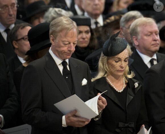 Mark Thatcher et sa femme Sarah aux funérailles de Margaret Thatcher, célébrées le 17 avril 2013 en la cathédrale St Paul de Londres.