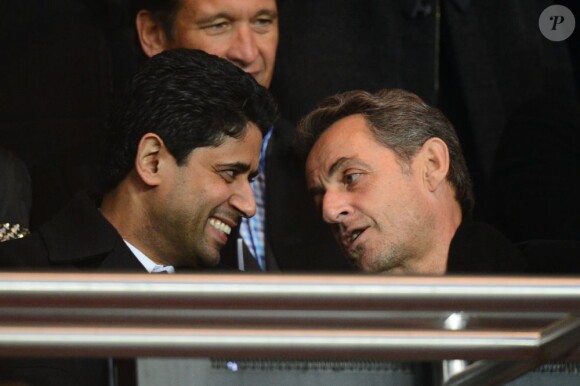 Nasser Al-Khelaifi et Nicolas Sarkozy lors du match PSG-Nice (3-0) au Parc des Princes le 21 avril 2013.