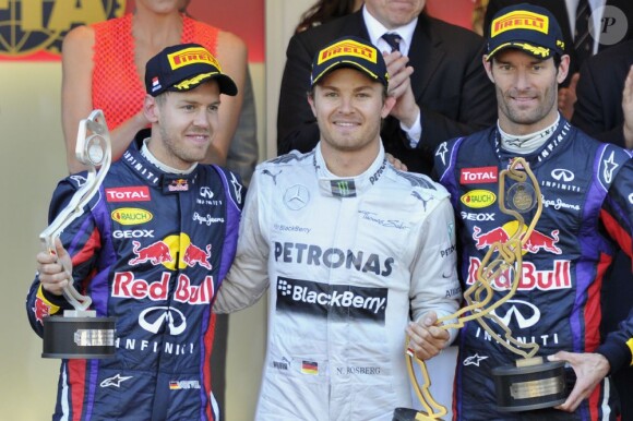 Nico Rosberg, vainqueur du Grand Prix de Monaco le 26 mai 2013, entre Sebastian Vettel et Mark Webber.