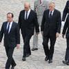 François Hollande, Jean-Yves Le Drian, Jean-Marc Ayrault, Kader Arif lors de l'hommage de la Nation à Pierre Mauroy, le 11 juin 2013 aux Invalides à Paris