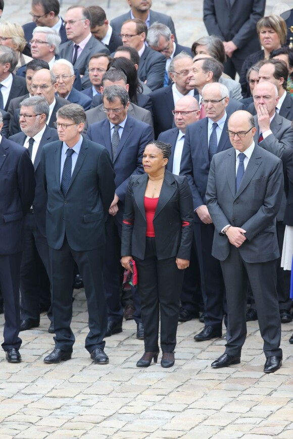 Vincent Peillon, Christiane Taubira, Pierre Moscovici lors de l'hommage de la Nation à Pierre Mauroy, le 11 juin 2013 aux Invalides à Paris
