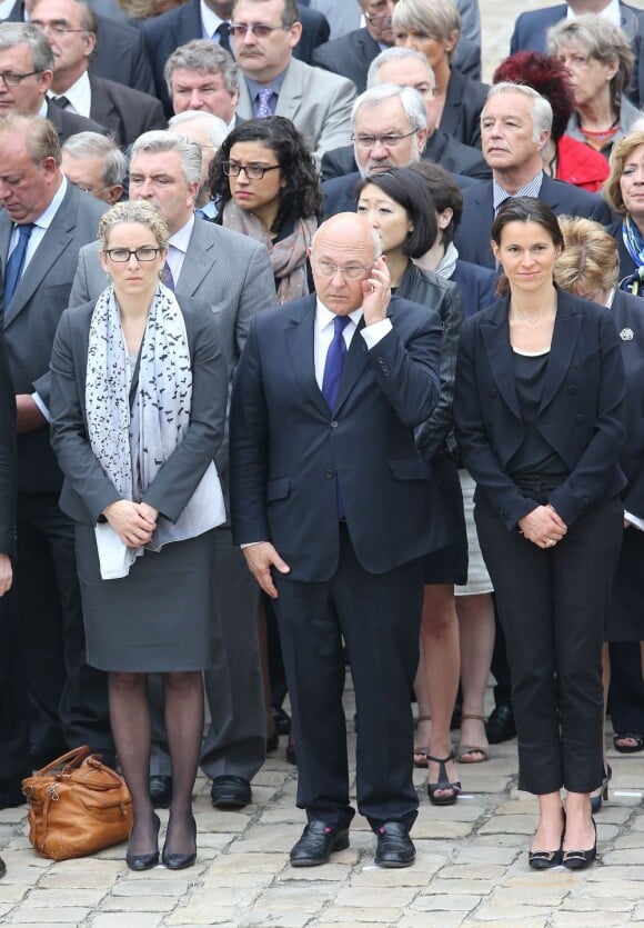 Delphine Batho, Michel Sapin, Aurélie Filippetti lors de l'hommage de la Nation à Pierre Mauroy, le 11 juin 2013 aux Invalides à Paris