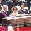 La Famille royale de Belgique, le prince Albert de Liège et sa femme Paola, la reine Fabiola, Philippe de Liège et sa femme Mathilde lors des funérailles du roi Baudouin de Belgique à Bruxelles en le 7 août 1993