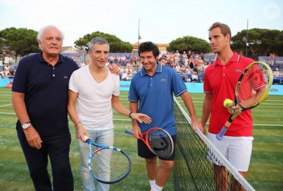 Christian Bîmes, Nagui, Sébastien Grosjean et Richard Gasquet à Saint-Tropez le 12 juillet 2013 lors du 3e Classic Tennis Tour.