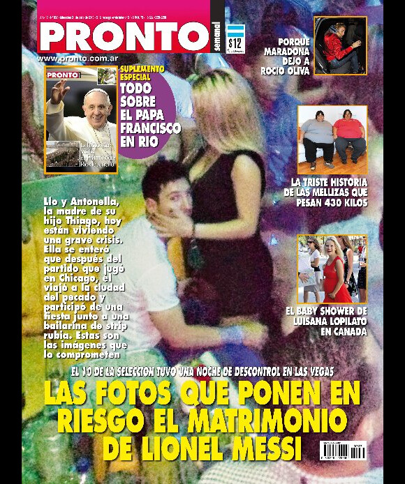 Lionel Messi, pris en flagrant délit avec une strip-teaseuse en boîte de nuit, fait la couverture du magazine argentin Pronto.