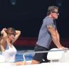 Sylvester Stallone avec sa femme Jennifer Flavin profitent de leur vacances en famille à bord d'un yacht de luxe le 1er août 2013, au large de Saint-Jean-Cap-Ferrat.