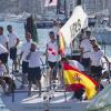 Le prince Felipe d'Espagne à bord du voilier AIFOS de la Marine, en lice le 31 juillet 2013 lors de la Copa del Rey.