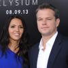 Matt Damon et Luciana Barroso à la première du film Elysium à Westwood, le 7 août 2013.