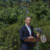 Barack Obama fait une déclaration devant sa résidence de vacances sur l'île de Martha's Vineyard, le 15 août 2013.