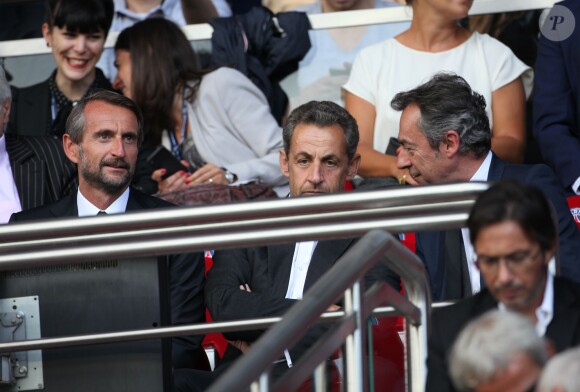 Jean-Claude Blanc, Nicolas Sarkozy et Michel Denisot lors de la rencontre de Ligue 1 entre le PSG et Guingamp (2-0), au Parc des Princes, le 31 août 2013.