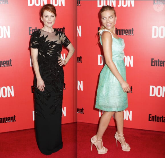 Julianne Moore et Scarlett Johansson lors de l'avant-première du film Don Jon à New York le 12 septembre 2013 (photomontage)